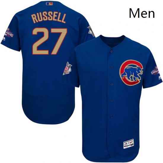 Mens Majestic Chicago Cubs 27 Addison Russell Authentic Royal Blue 2017 Gold Champion Flex Base MLB Jersey